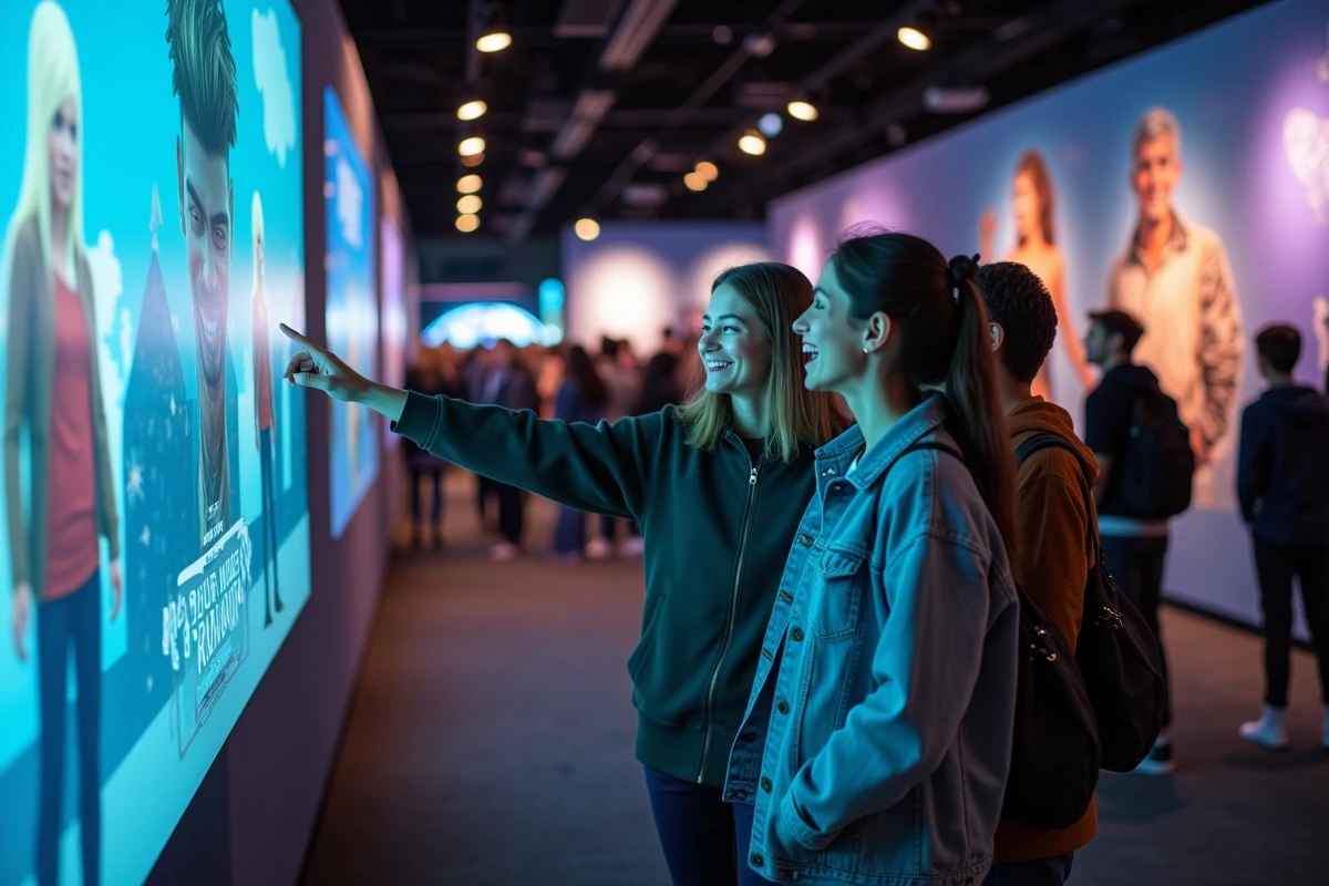 Groupe d'amis devant un écran interactif de l'exposition Arcane à Montpellier