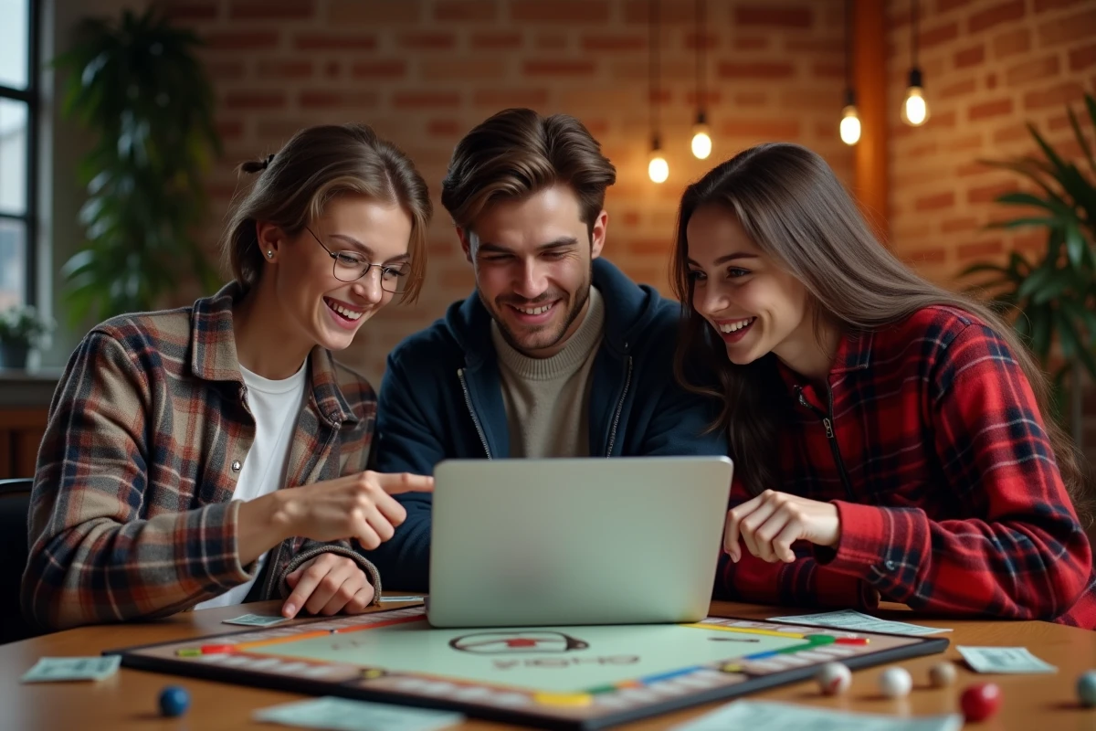 Groupe d'amis autour d'un plateau Monopoly consultant un ordinateur portable pour obtenir des dés gratuits