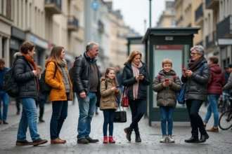 Groupe diversifié à un arrêt de bus à Rennes