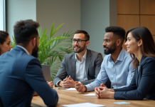 Groupe de professionnels en réunion au bureau