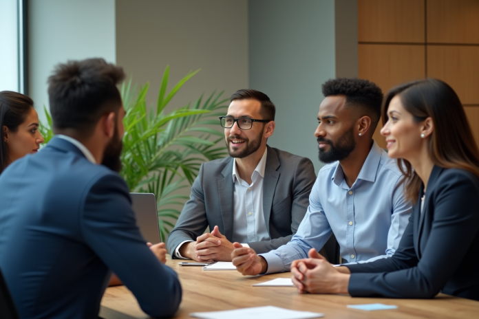 Groupe de professionnels en réunion au bureau