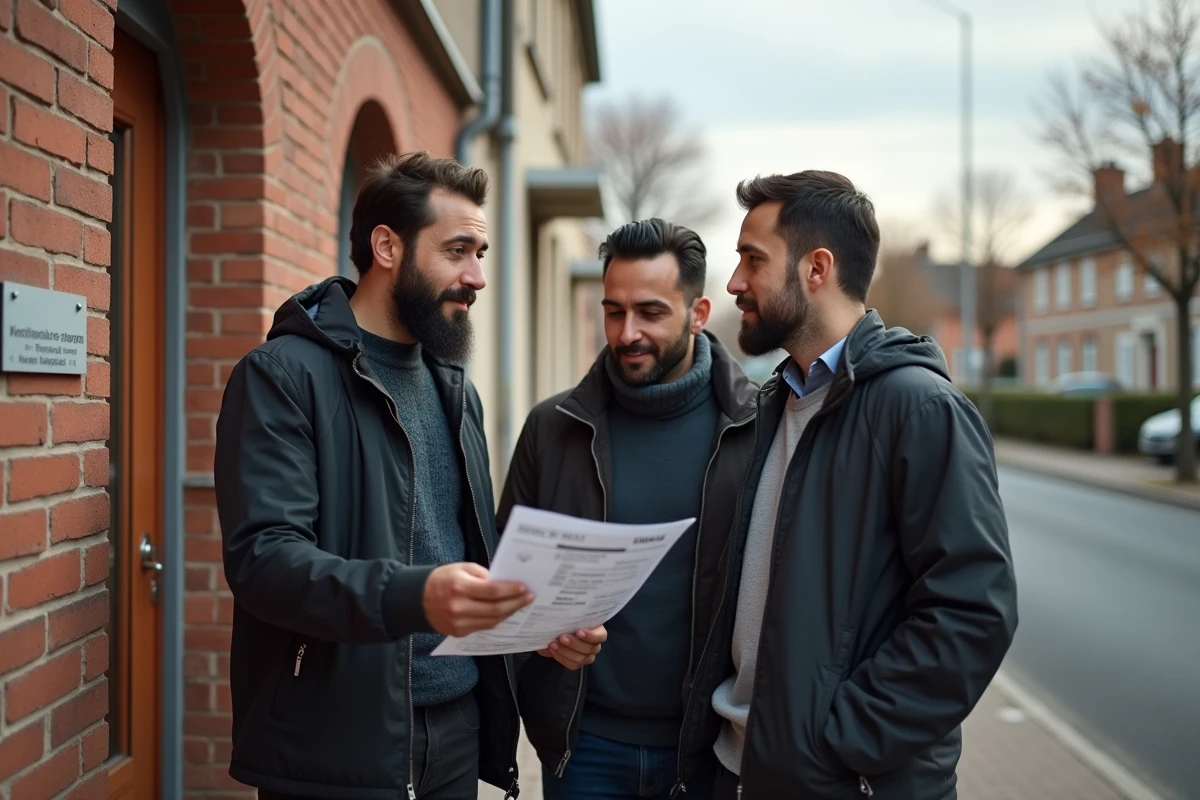 Groupe d'hommes musulmans consultant les horaires de prière devant une mosquée de banlieue en automne