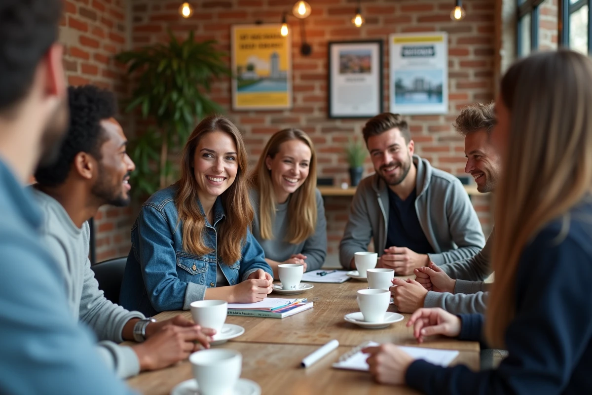 Groupe de personnes discutant dans un espace intérieur à Lyon
