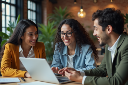 Groupe de jeunes professionnels en réunion finance dans un coworking