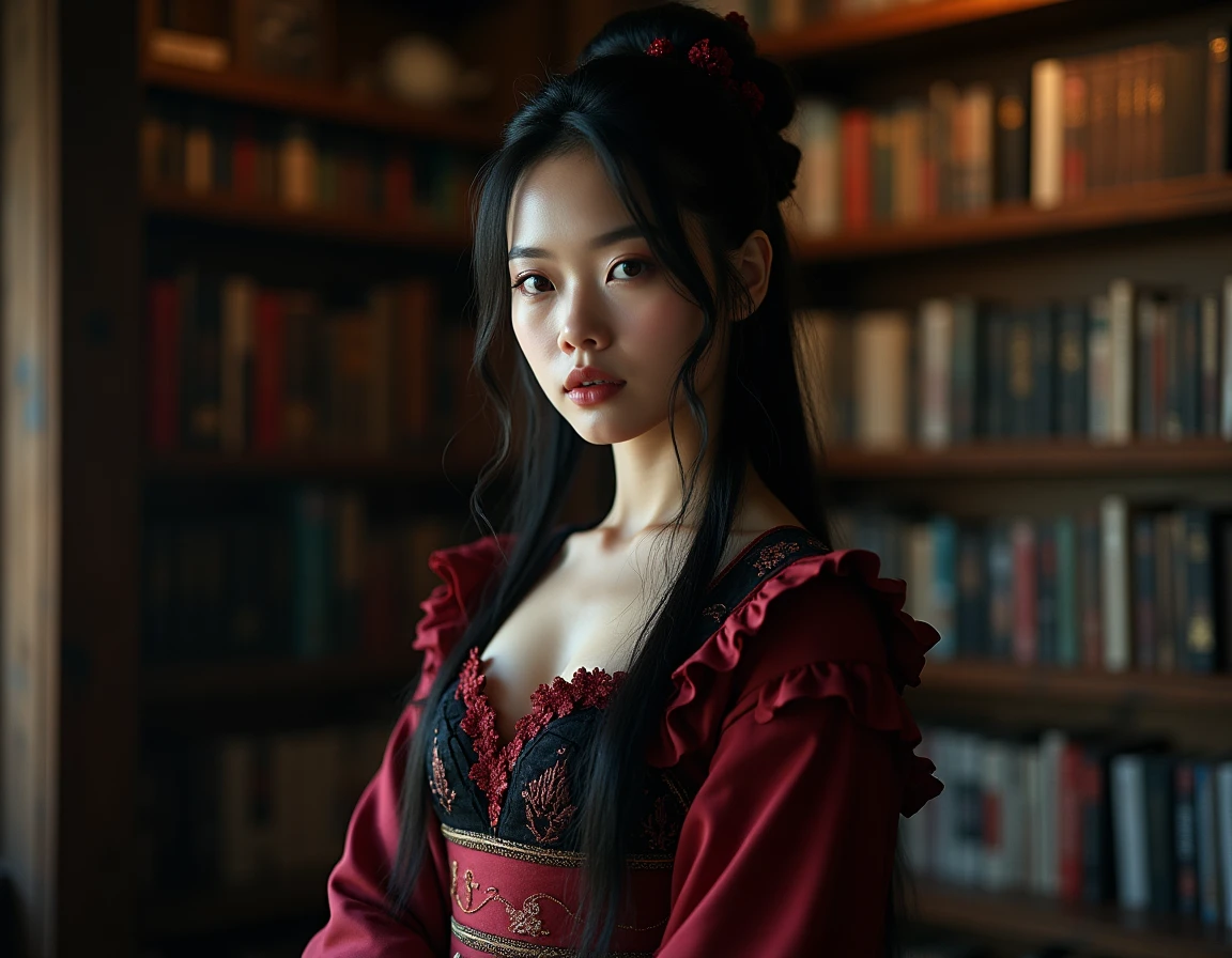 Jeune femme en costume de princesse fantasy sombre devant des étagères de mangas japonais, illustration pour le guide de lecture Princess of Black Flame