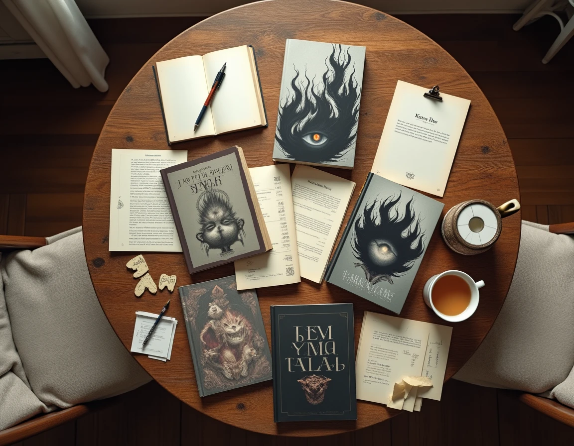 Vue aérienne de volumes de manga Princess of Black Flame disposés sur une table en bois avec notes de lecture, guide des tomes et chapitres