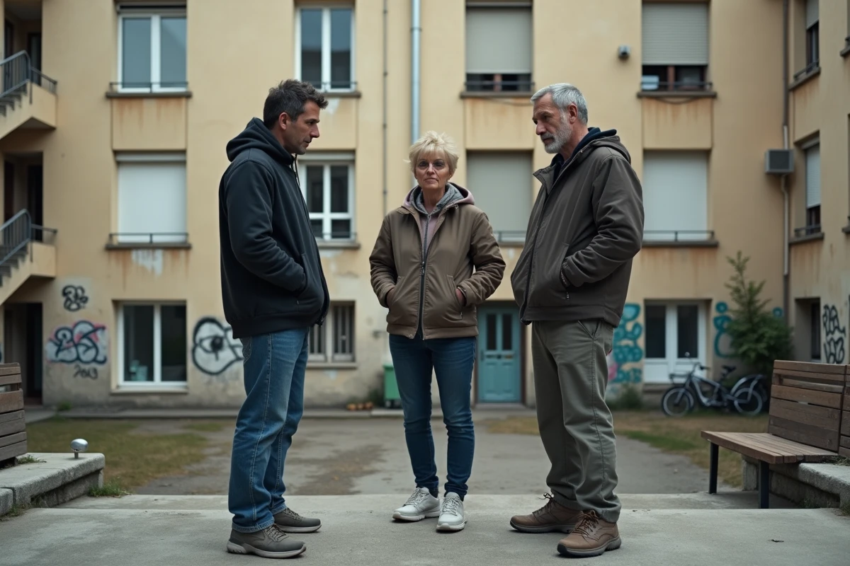 Habitants d'une cité marseillaise discutant devant leur immeuble dans un arrondissement populaire