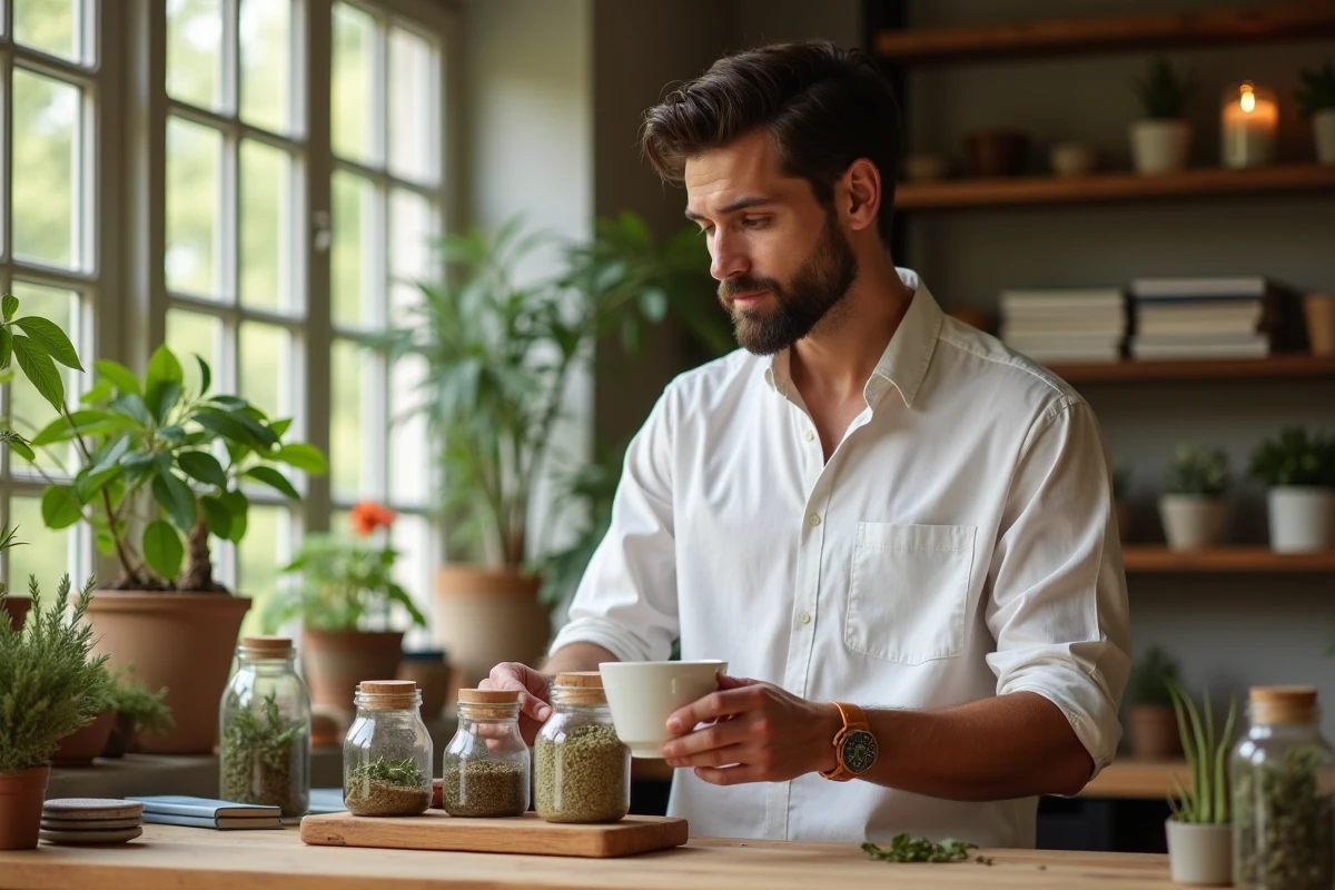 Jeune naturopathe prépare une infusion de plantes