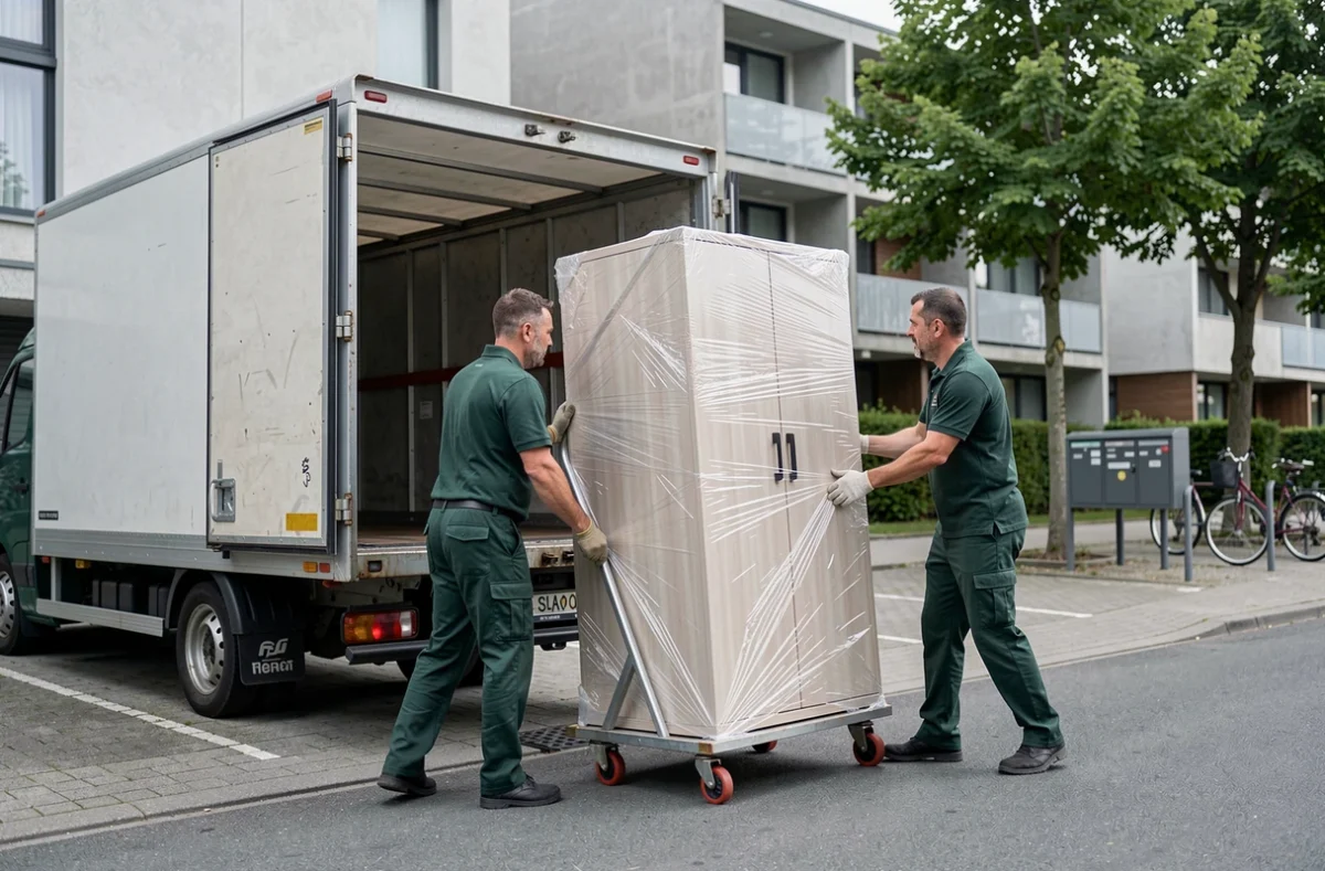 Deux déménageurs d'Hexvia Déménagements manœuvrant une armoire emballée avec un diable professionnel