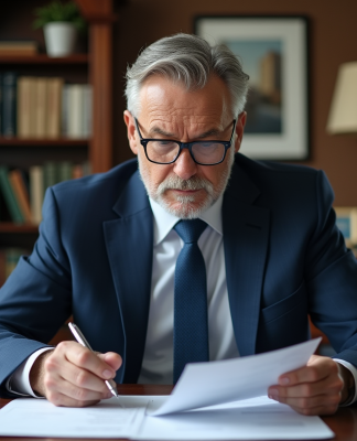 Homme d'affaires en costume lisant des papiers dans un bureau