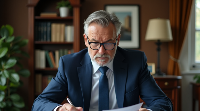 Homme d'affaires en costume lisant des papiers dans un bureau