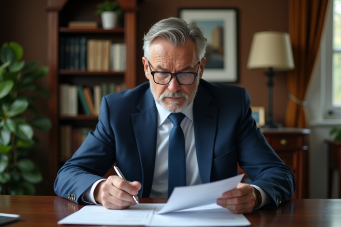 homme-affaires-lecture-papier Homme d'affaires en costume lisant des papiers dans un bureau