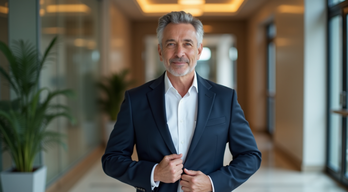 Homme d'affaires en costume dans un lobby moderne