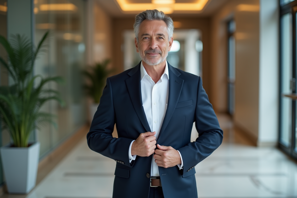 Homme d'affaires en costume dans un lobby moderne