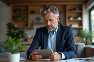 Homme d'affaires en costume studyant un graphique sur tablette