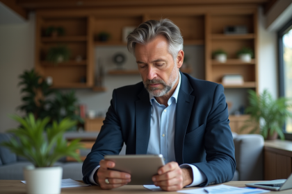 Homme d'affaires en costume studyant un graphique sur tablette