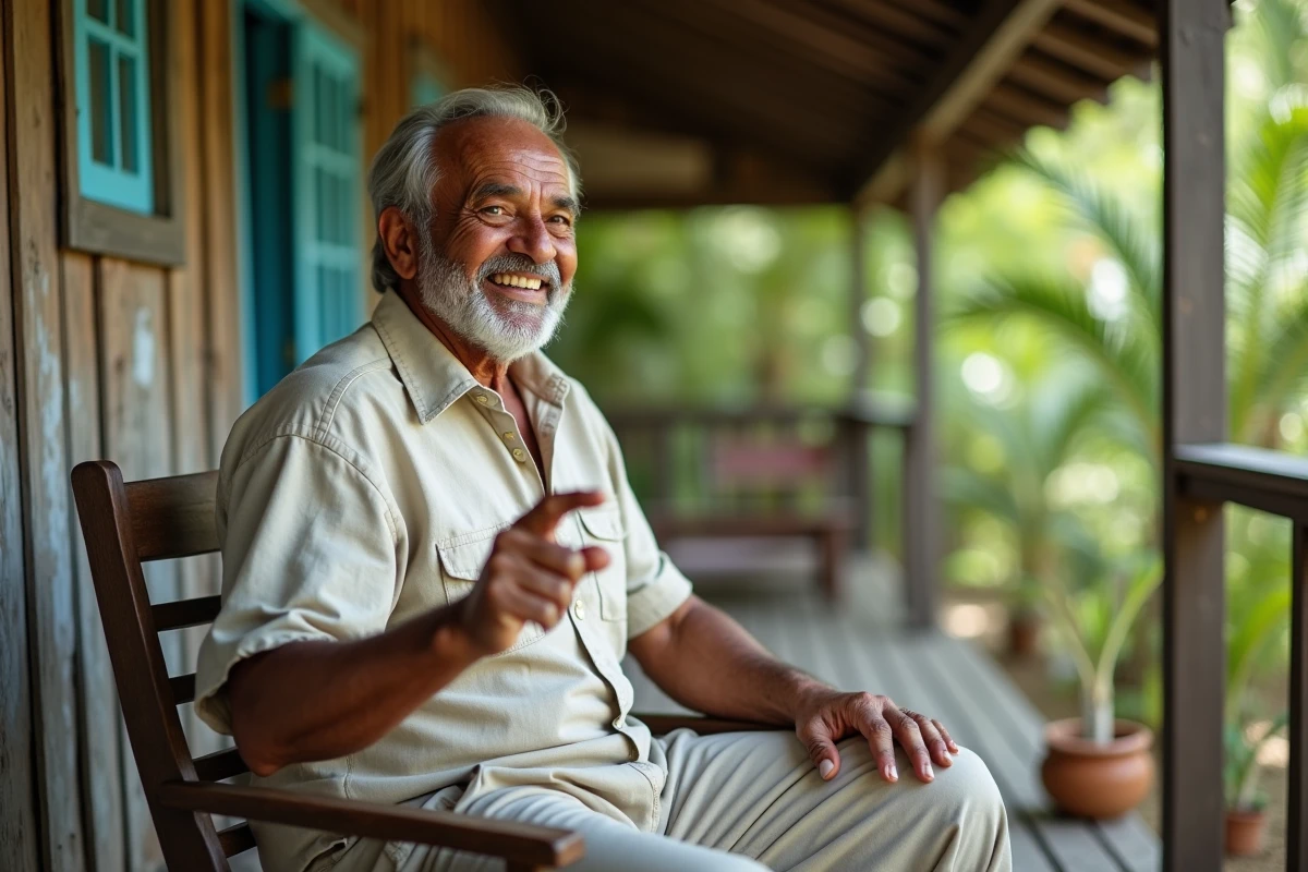 Vieil homme créole sur une véranda en bois expliquant une expression traditionnelle avec un sourire complice