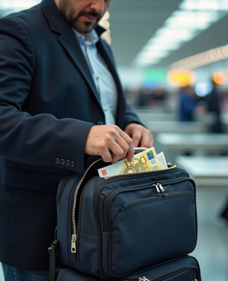 Homme d'âge moyen plaçant des billets euro dans son sac à l'aéroport