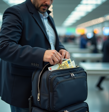 Homme d'âge moyen plaçant des billets euro dans son sac à l'aéroport