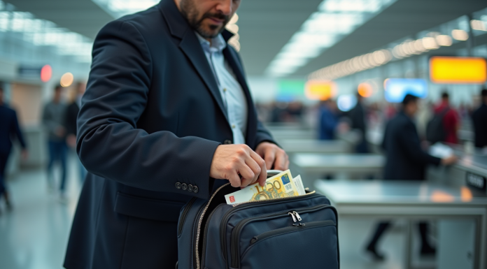 Homme d'âge moyen plaçant des billets euro dans son sac à l'aéroport