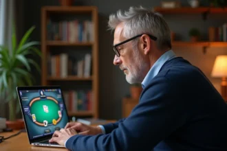 Homme jouant à la belote en ligne sur un ordinateur portable dans un bureau à domicile