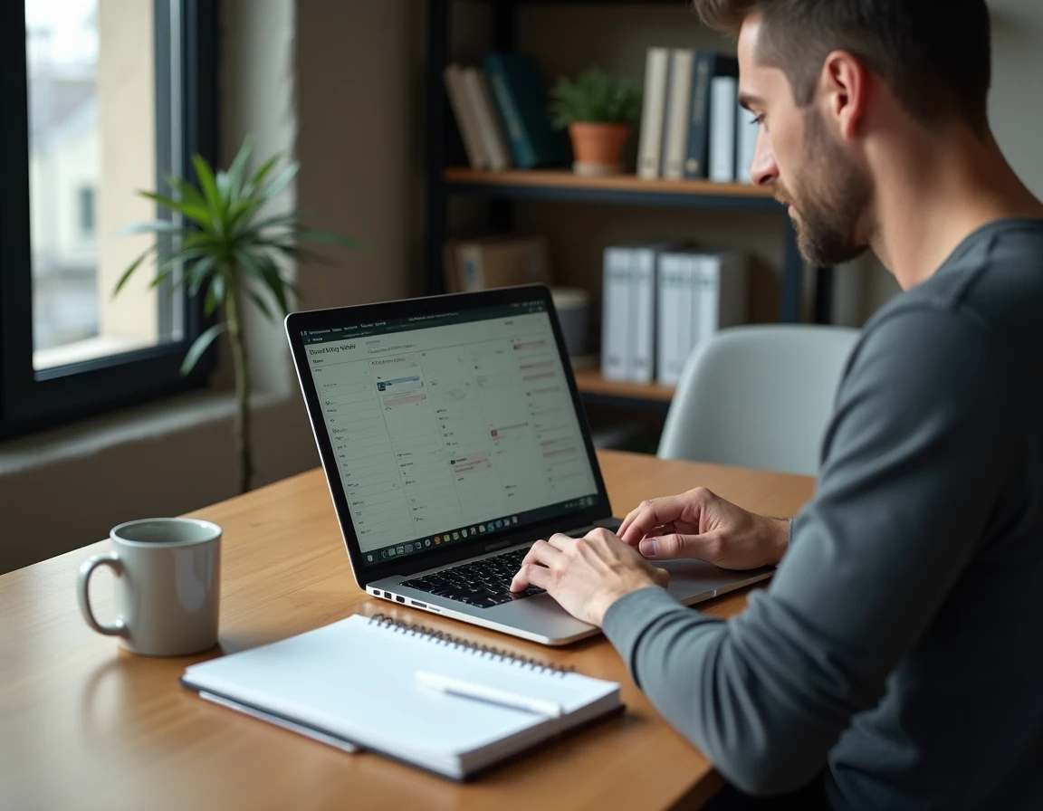 Homme consultant une application de planning de rotation par semaines paires et impaires sur ordinateur portable dans un bureau à domicile