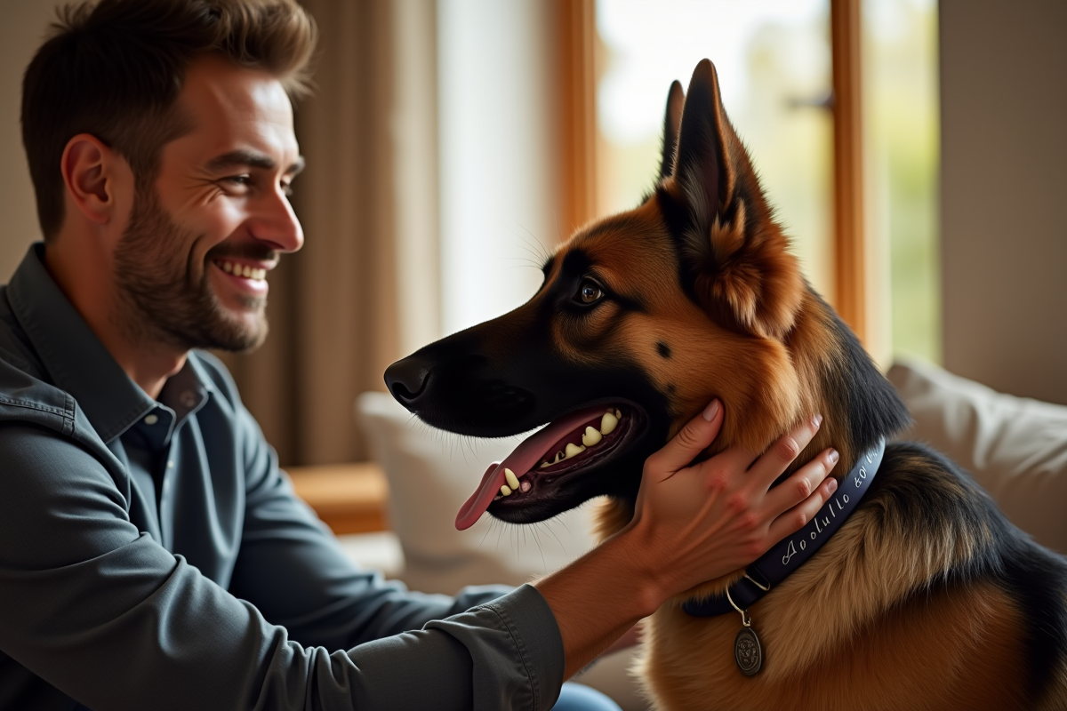 Homme caressant un berger allemand nomme Apollo