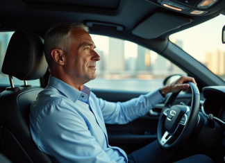 dax automatique ou manuel : quelle option vous convient le mieux ? Homme d'âge moyen dans une voiture moderne en conduite urbaine