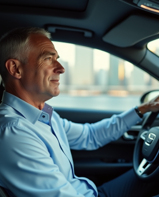Homme d'âge moyen dans une voiture moderne en conduite urbaine