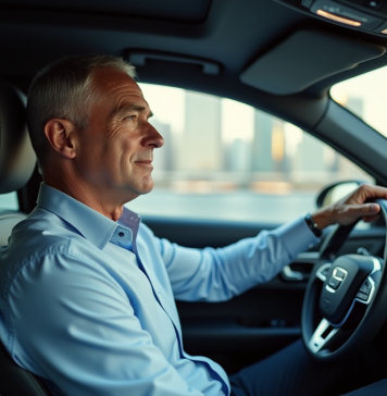 dax automatique ou manuel : quelle option vous convient le mieux ? Homme d'âge moyen dans une voiture moderne en conduite urbaine