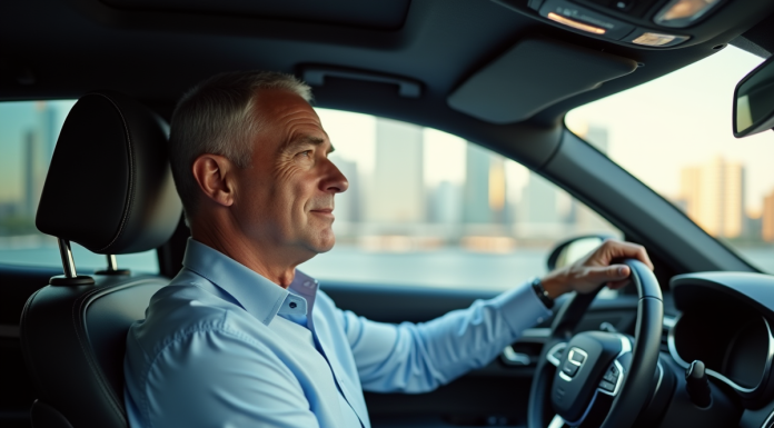 Homme d'âge moyen dans une voiture moderne en conduite urbaine