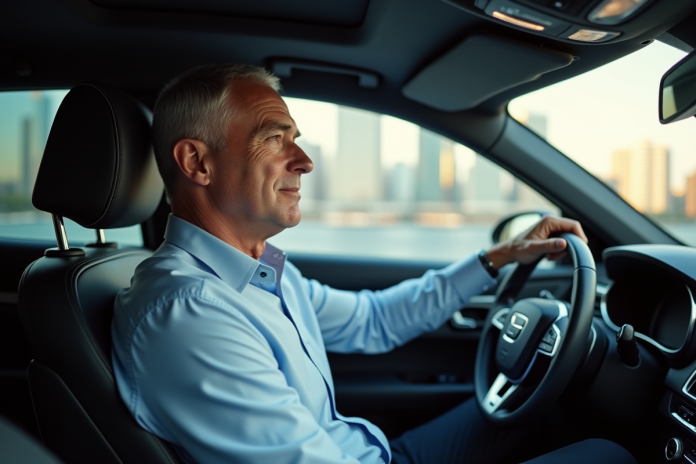 homme-confortable-voiture-urbaine Homme d'âge moyen dans une voiture moderne en conduite urbaine