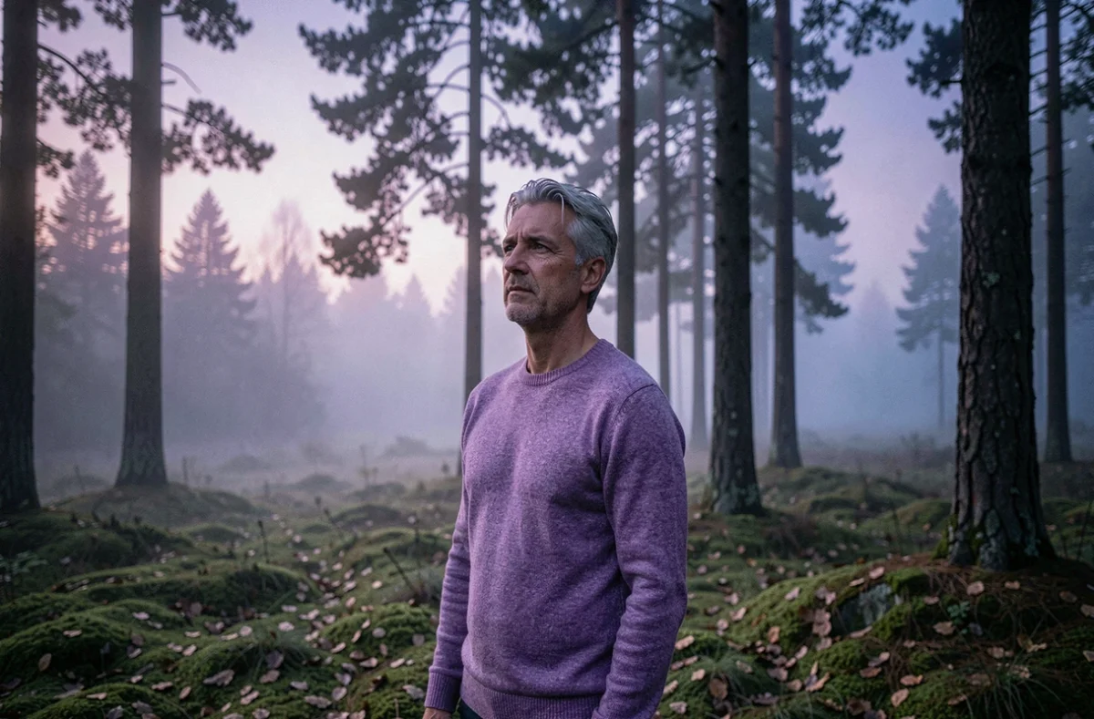 Homme contemplatif en forêt brumeuse au crépuscule évoquant l'énergie spirituelle de l'aura violette
