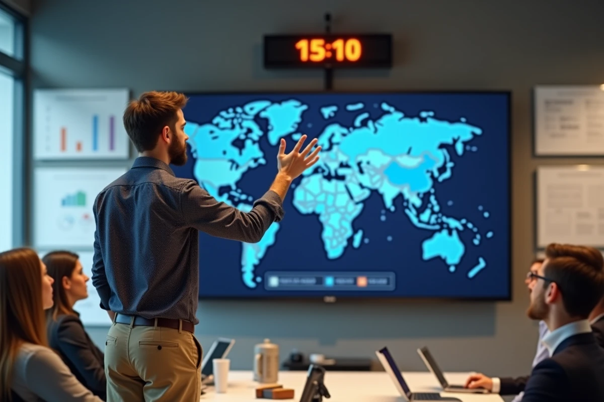 Jeune homme en réunion vidéo expliquant la zone horaire mondiale