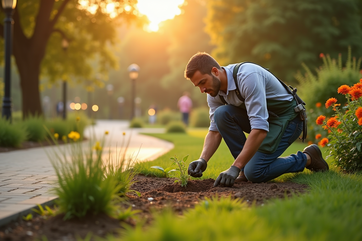 Homme jardinier plantant des fleurs dans un parc urbain au matin