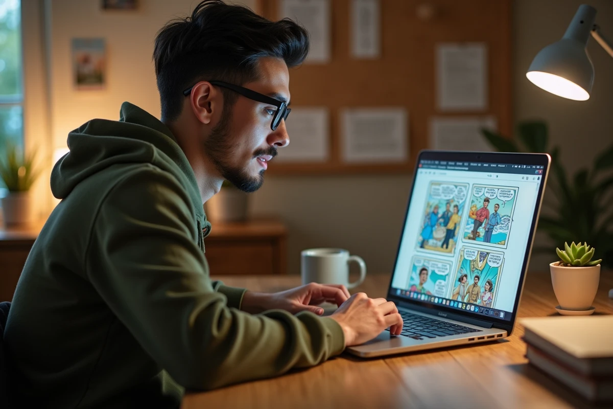 Homme consultant une interface de lecture de séries en ligne sur ordinateur portable depuis son bureau à domicile