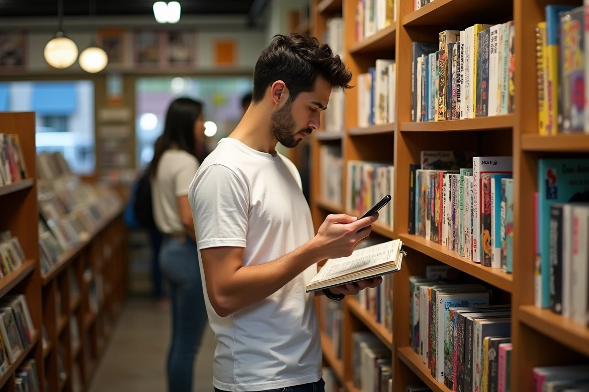 Jeune homme comparant un manga physique avec une application de scan manga sur smartphone dans une librairie spécialisée