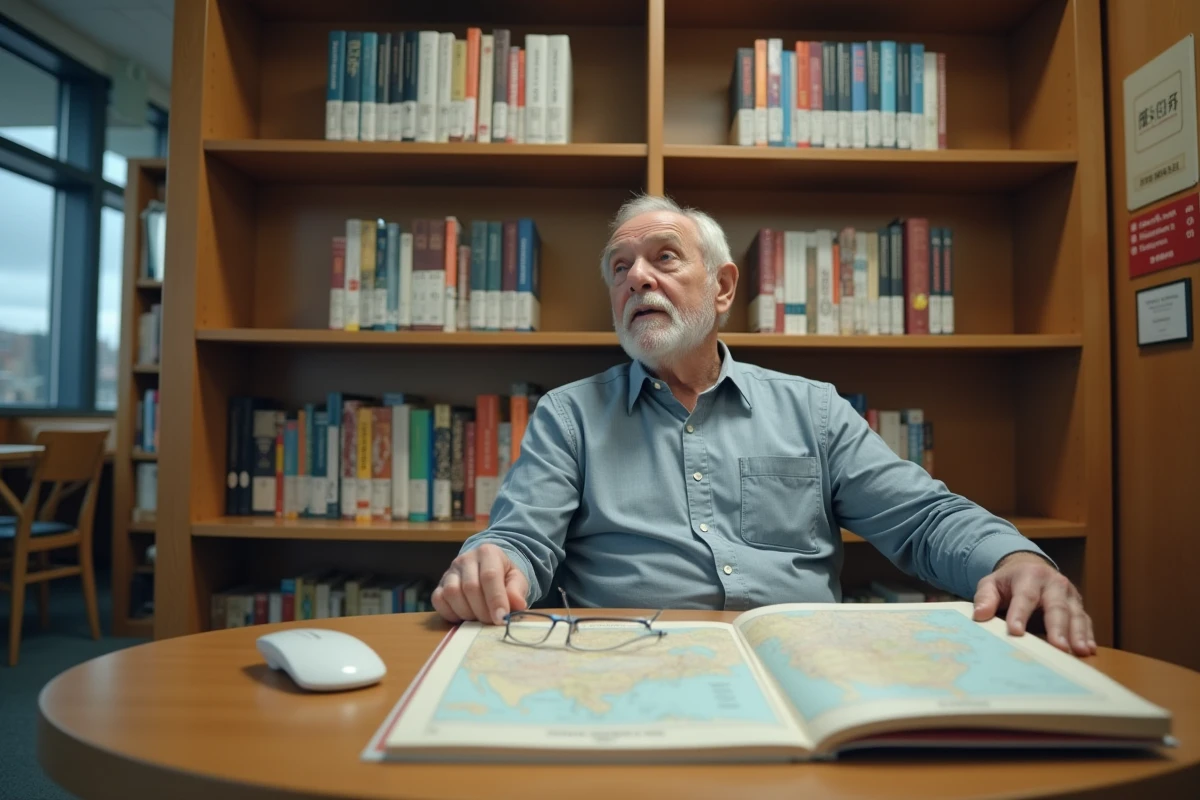 Homme lisant un atlas japonais dans une bibliothèque