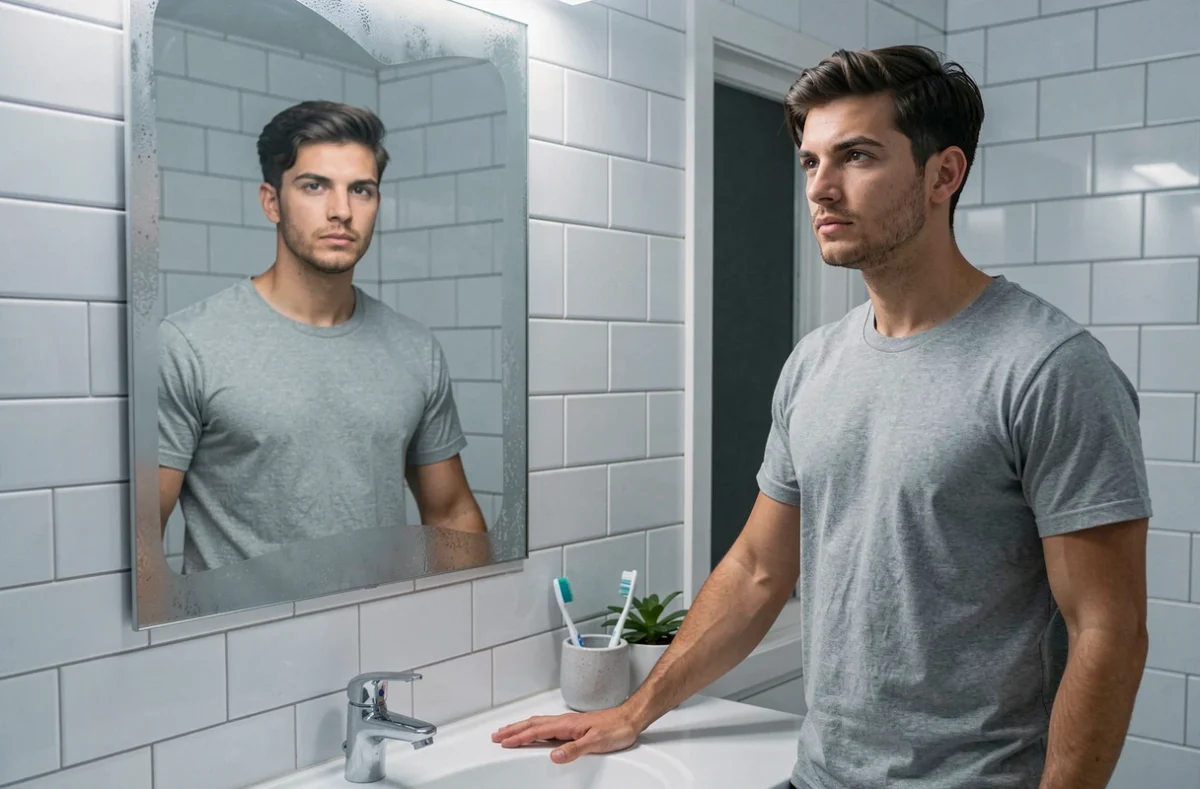 Homme face à son reflet dans un miroir de salle de bain, expression déterminée, symbolisant la reconstruction de la confiance en soi après une déception amoureuse