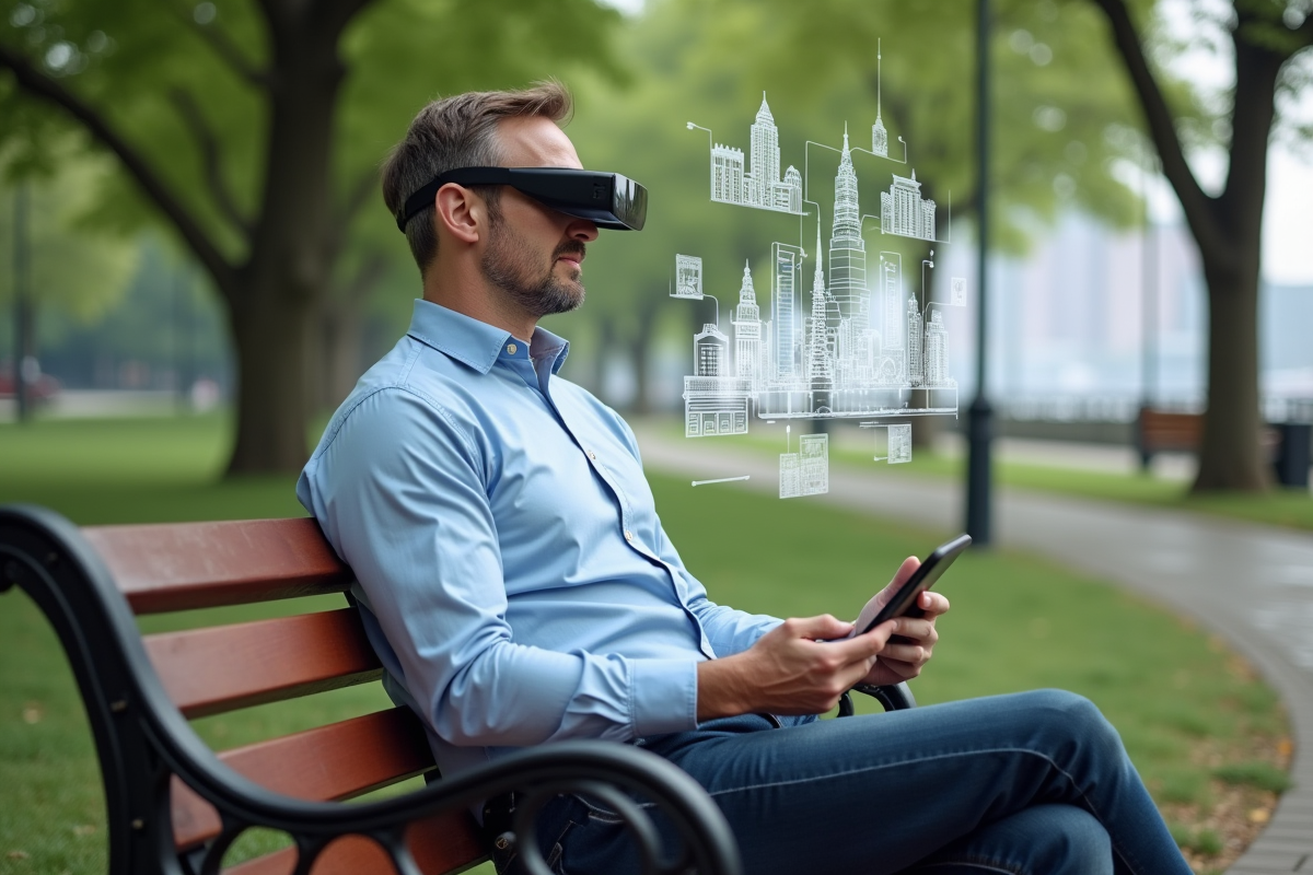 Homme d age utilisant lunettes AR dans un parc