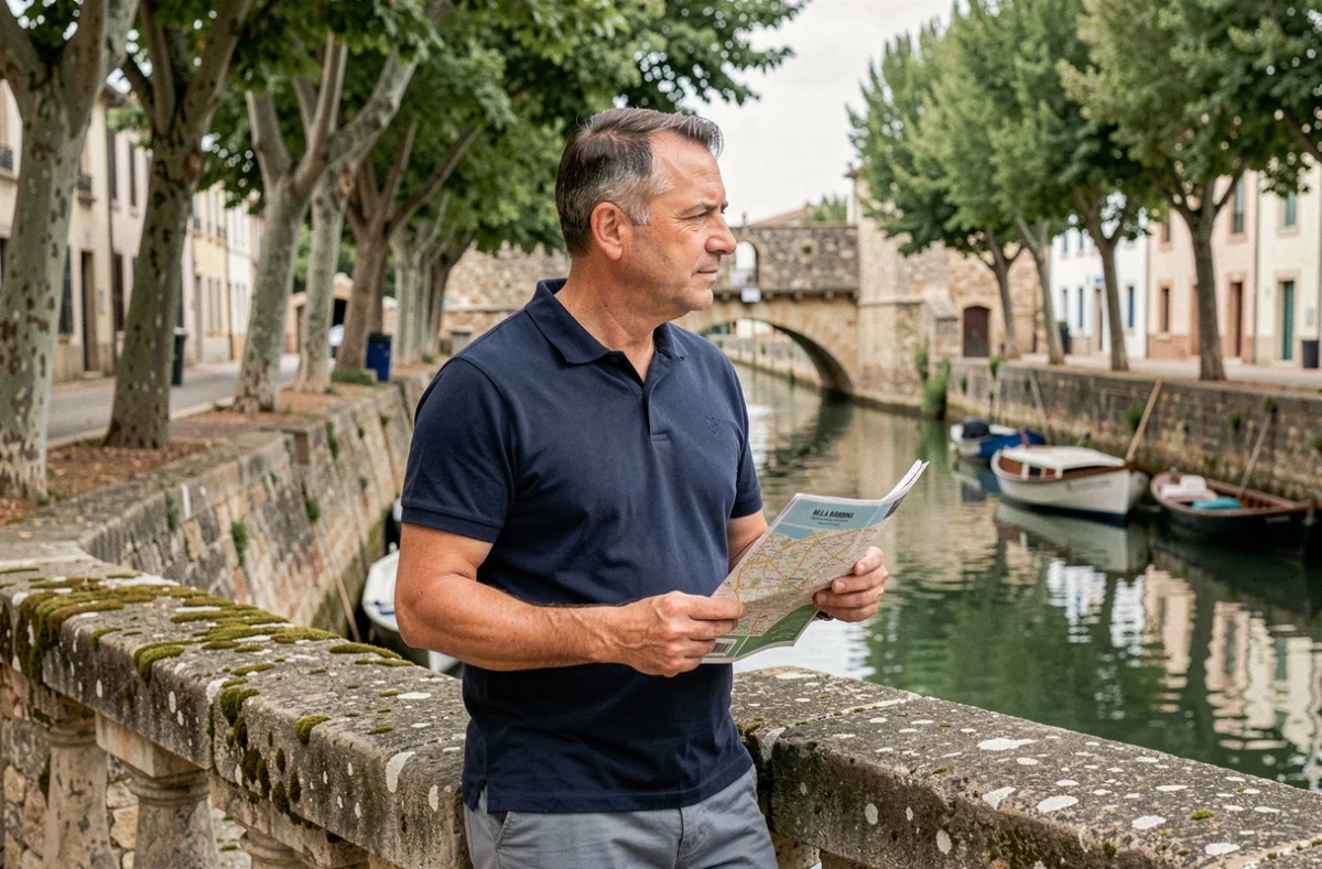 Homme avec un plan de Narbonne au bord du Canal de la Robine près d'un pont historique