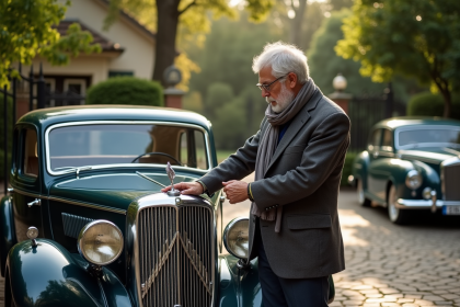 Homme en blazer polissant une voiture ancienne vintage