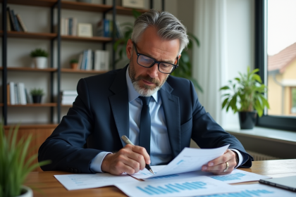 Homme d'âge moyen en costume bleu dans un bureau lumineux