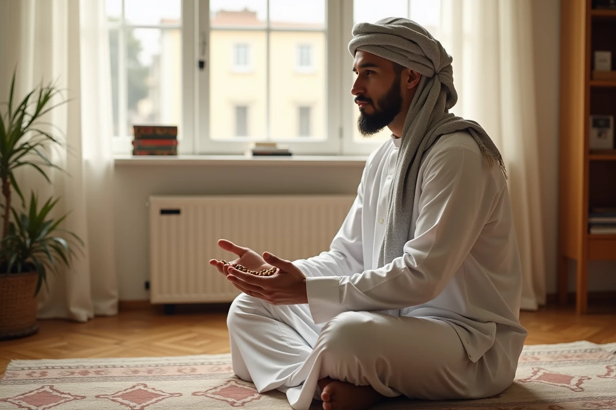 Homme en tenue islamique effectuant un dhikr sur un tapis de prière dans un appartement de banlieue parisienne à l'aube