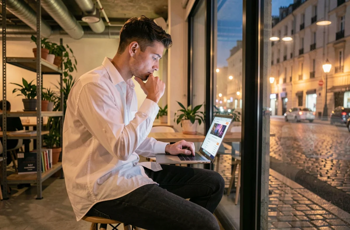 Jeune homme recherchant le meilleur club techno parisien sur ordinateur portable la nuit
