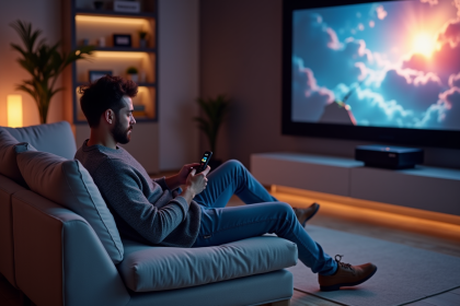Homme réglant un projecteur dans un salon moderne