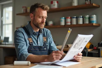 Homme en overalls lisant un manuel de renovation