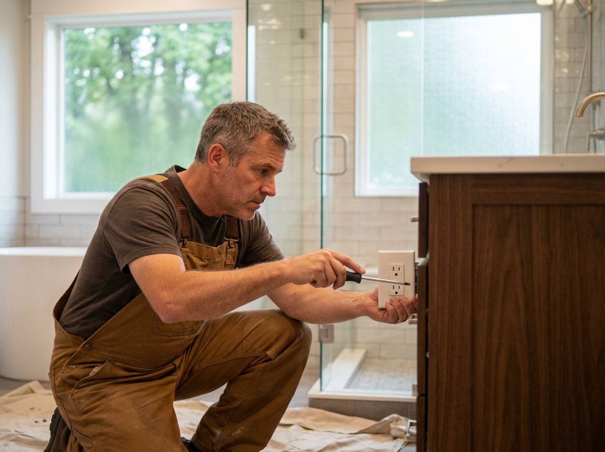 Homme en overalls remplace une prise électrique dans une salle de bain rénovée