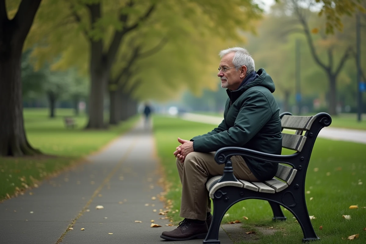 Homme pensif assis sur un banc dans un parc verdoyant