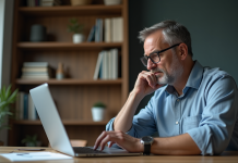 Homme d'âge moyen dans un bureau à domicile en réflexion